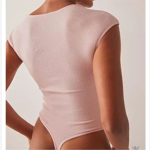 NWT Free People Another Love Stretchy Ribbed Thong Vneck Bodysuit Silver Pink XS - Picture 13 of 15